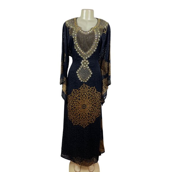Embellished Black & Gold Kaftan Dress W/ Intricate Beading & Tie-Back Waist Sz M - Picture 1 of 12